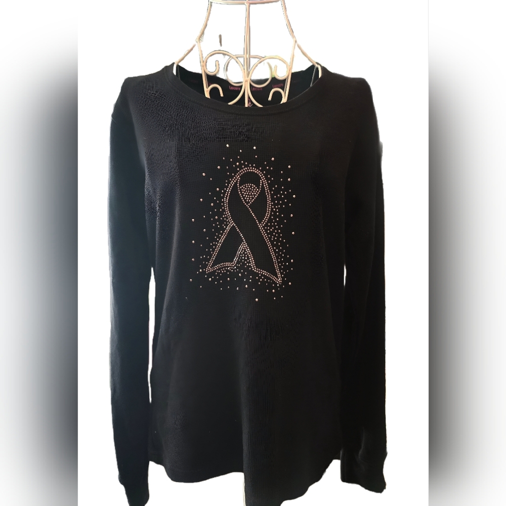 Chic Black Long Sleeve Top with Rhinestone Ribbon